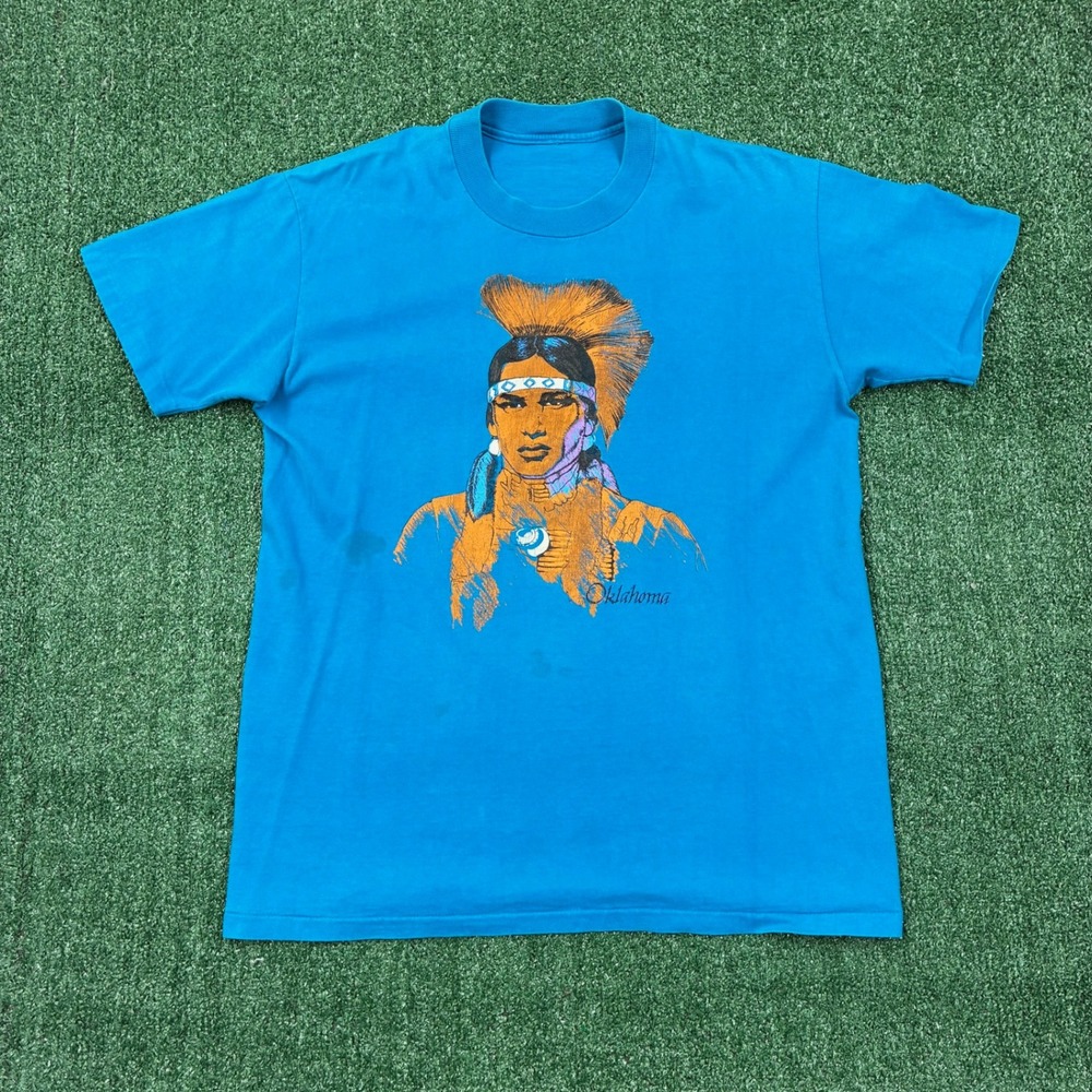 Vintage 90s Native American Graphic T-shirt Turquoise‎ Blue